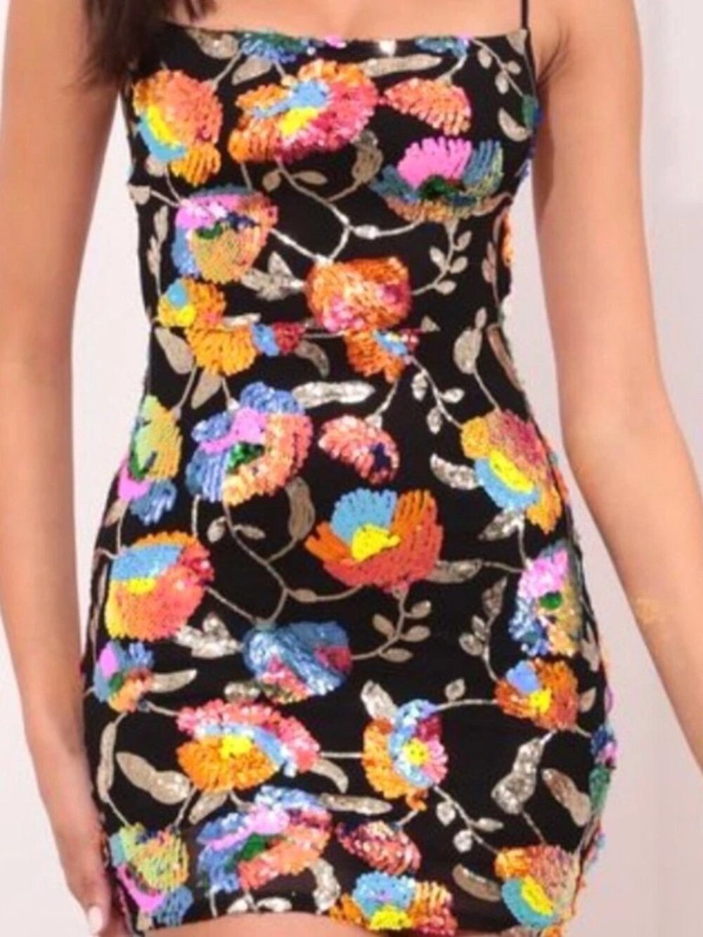 Lucy in the Sky Black Sequin Floral Mini Dress - Multicolor Sequins, Size Medium